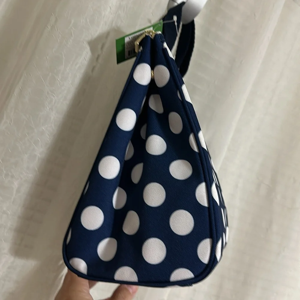 kate spade Navy White Jumbo Polka Dot Gold Tone Zip Lunch Bag NWT